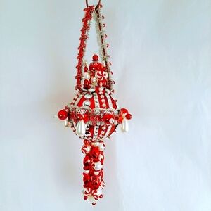 Christmas Victorian ornament red pearls candy beads handmade multi string tails